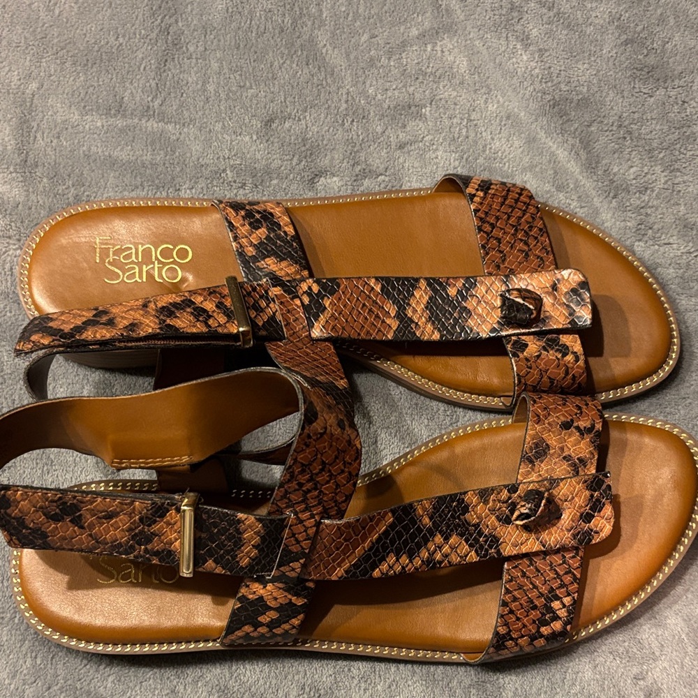Franco Sarto Tan and Black Snake Print Sandals